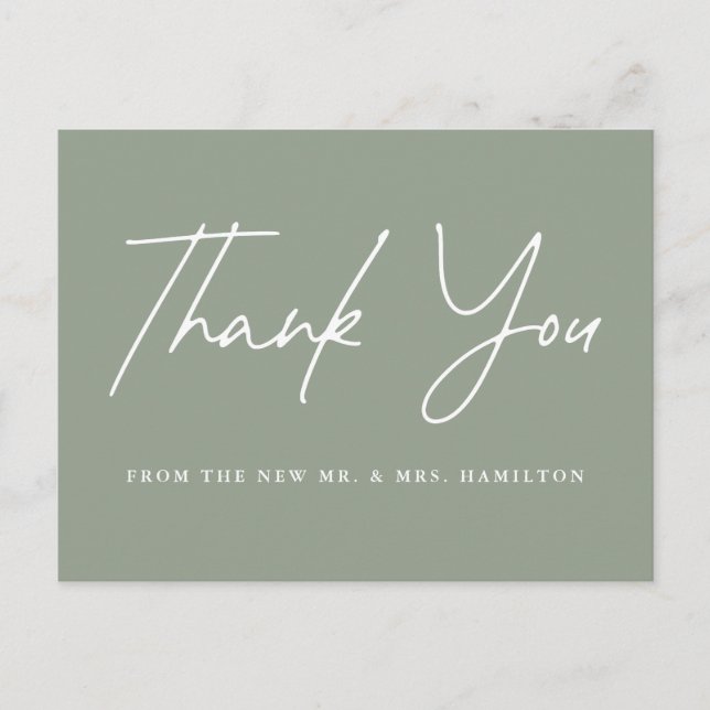 Casual Script Sage Green Wedding Thank You Postcard (Front)