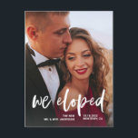 Casual Script | Two Photo Elopement Announcement Postcard<br><div class="desc">This simple and modern wedding elopement announcement postcard features a personal wedding photo on the front, with the words "we eloped" in casual, white handwritten script. The back of the card has room to either elaborate on your elopement details, or provide details for an after wedding reception or celebration. A...</div>