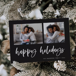 Casual Script Two Photo Grid Happy Holidays Holiday Card