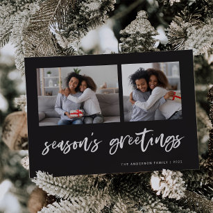 Casual Script Two Photo Grid   Seasons Greetings Holiday Card
