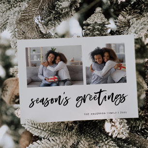 Casual Script Two Photo Grid   Seasons Greetings Holiday Card