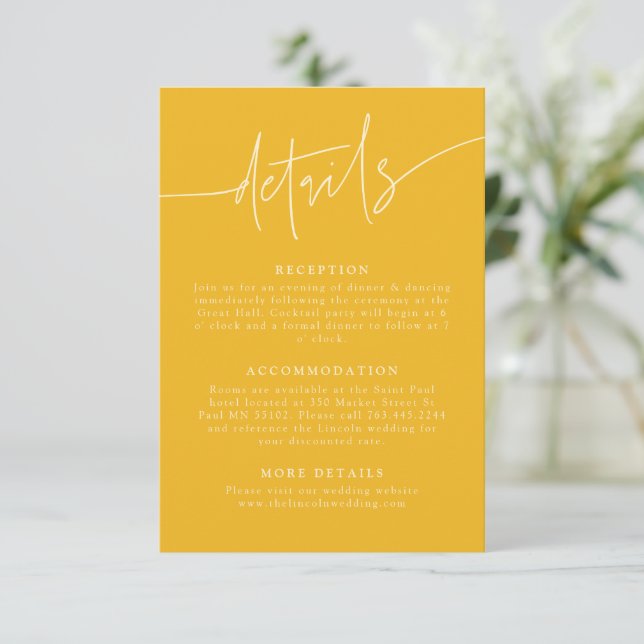 Casual Script Yellow Wedding Details  Enclosure Card (Standing Front)