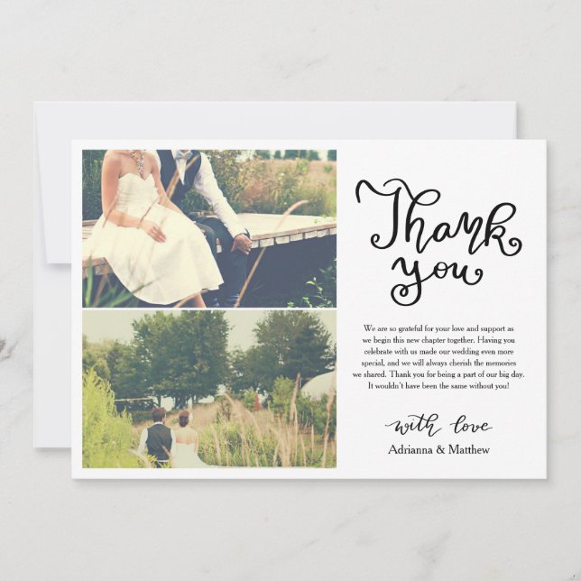 Casual Thank You Script Wedding Photo Collage Card (Front)