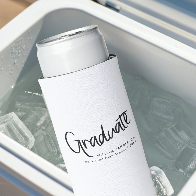 Casual Trendy Script Black & White Graduation Seltzer Can Cooler (Creator Uploaded)