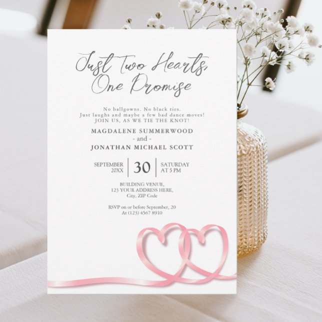 Casual Two Hearts Soft Pink Ribbon Wedding Invitation (Creator Uploaded)