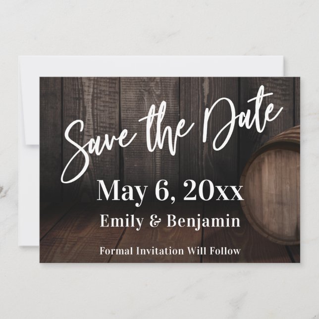 Casual Typography Over Brown Wooden Barrel Save The Date (Front)