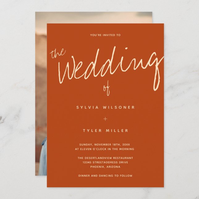 Casual Typography Photo Burnt Orange Wedding Invitation (Front/Back)