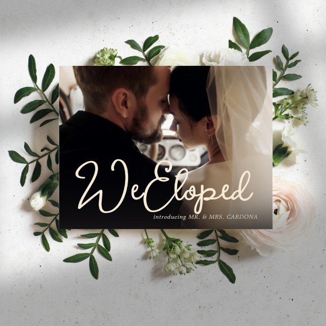 Casual We Eloped Script Photo Announcement Postcard (Creator Uploaded)