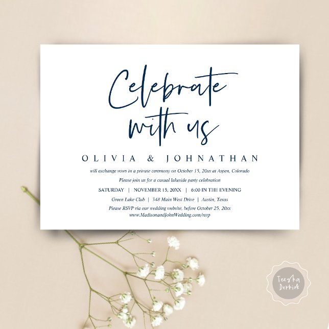Casual Wedding Elopement Party, Celebrate with us  Invitation (Celebrate With Us, Wedding Elopement Brunch, Lunch, Dinner Party Invitation Card, PDF, Navy Blue)
