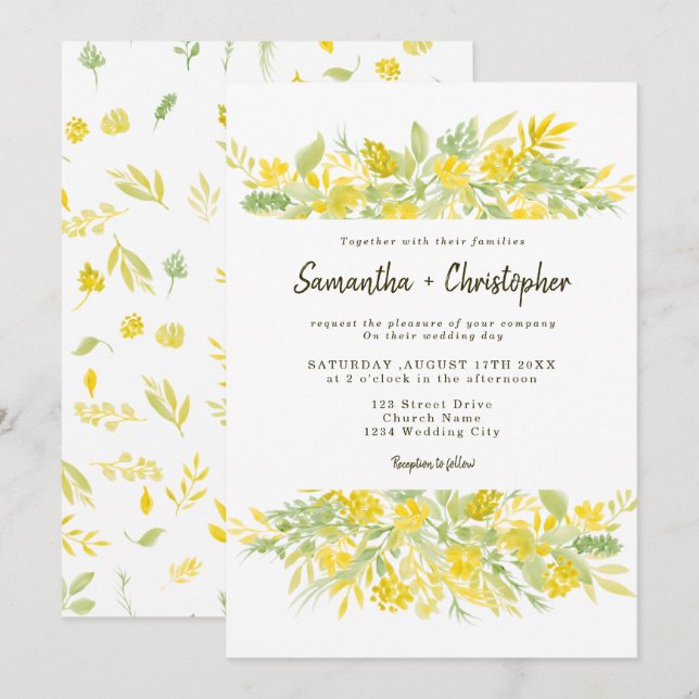 Casual yellow green floral watercolor wedding invitation (Front/Back)