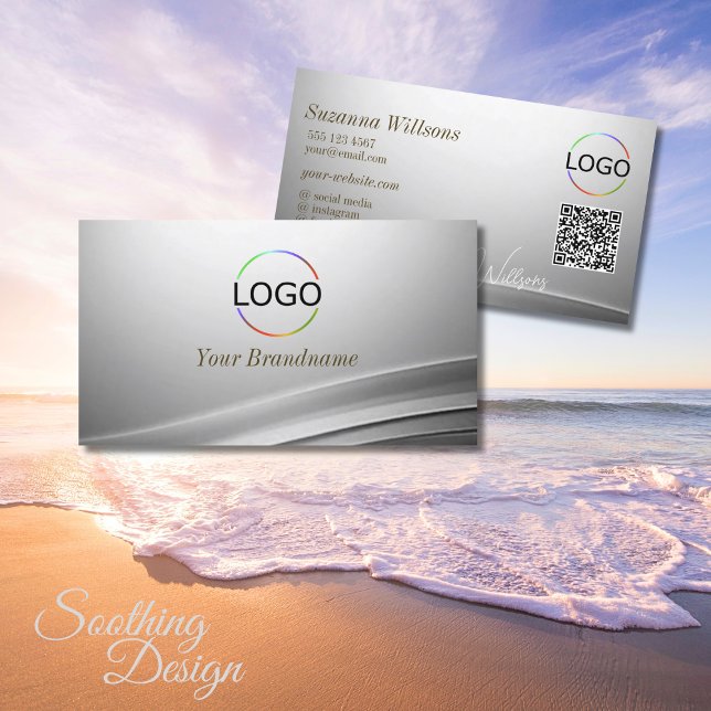 Casually Silver Curved Decor add Logo and QR Code Business Card (Creator Uploaded)