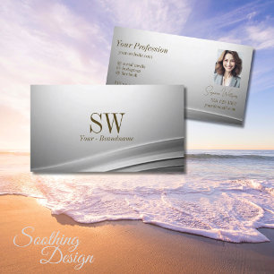 Casually Silver Curved Decor Monogram and Photo Business Card