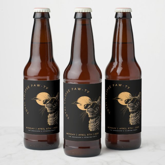 Cat 2024 Total Solar Eclipse Viewing Party Invi Beer Bottle Label (Bottles)