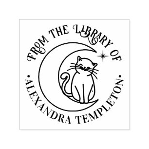 Cat #3B On a Crescent Moon Library Book Name Self-inking Stamp