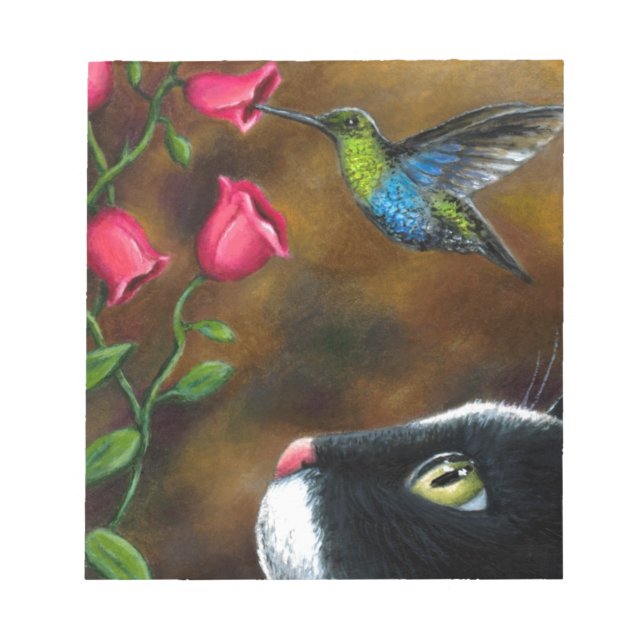 Cat 571 Tuxedo with Hummingbird Notepad (Front)