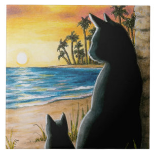 Cat 597 Black cats on beach Tile
