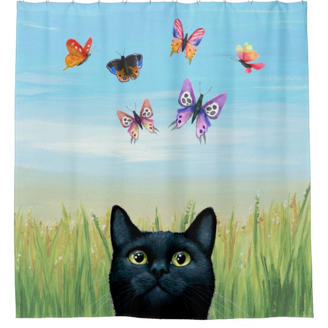 Cat 606 black Cat with butterflies Nature Shower Curtain (Front)