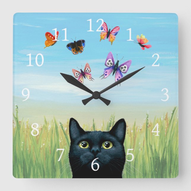 Cat 606 butterflies nature background square wall clock (Front)