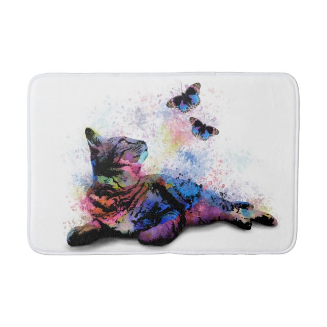 Cat 614 pink blue butterfly bath mat (Front)