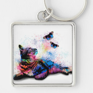 Cat 614 pink blue butterfly key ring
