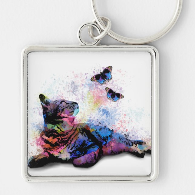 Cat 614 pink blue butterfly key ring (Front)