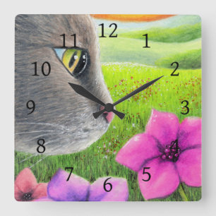 cat 647 flower square wall clock