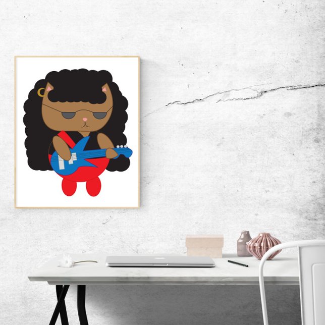 Cat 80s Heavy Metal Hair Band Bassist Poster (A fun poster of a cat dressed up as a member of a hair metal band playing bass.)