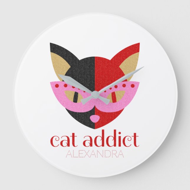 Cat Addict Cute Black Red Pink Name Personalised Large Clock (Front)