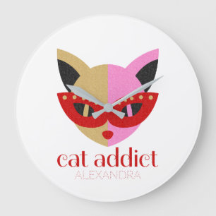 Cat Addict Cute Red Pink Gold Name Personalised Large Clock