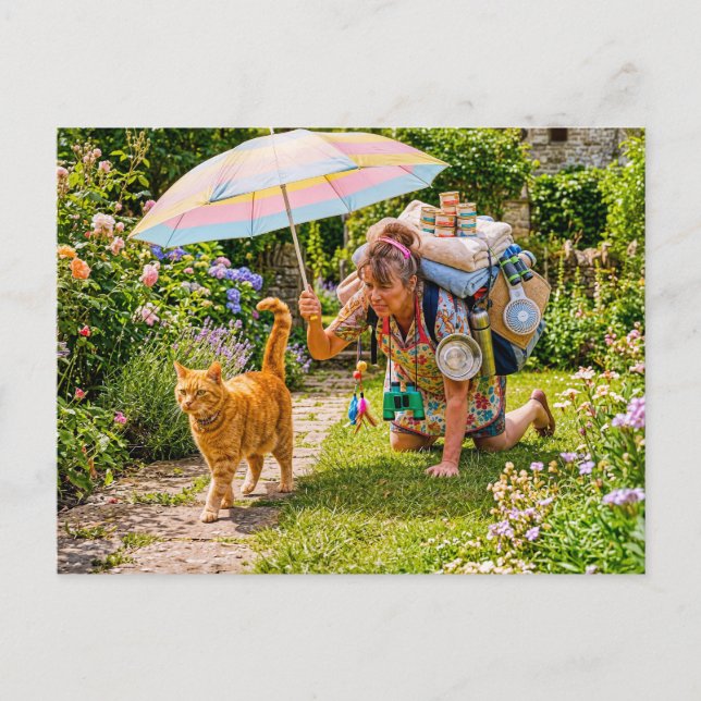 Cat Adventure With Overloaded Woman Postcard (Front)