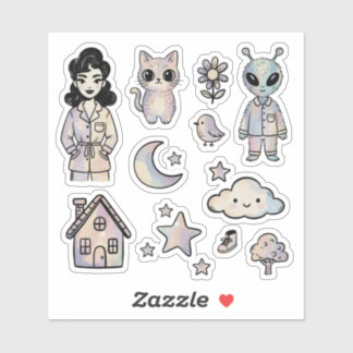Cat Alien Pinup Girl Cool Illustration Sticker Set