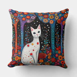 Cat Amid Colorful Abstract Floral Forest Scene Cushion