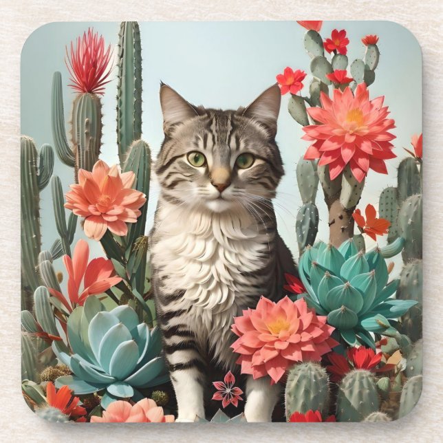 Cat Among the Cactuses | Cat Lovers  Coaster (Front)