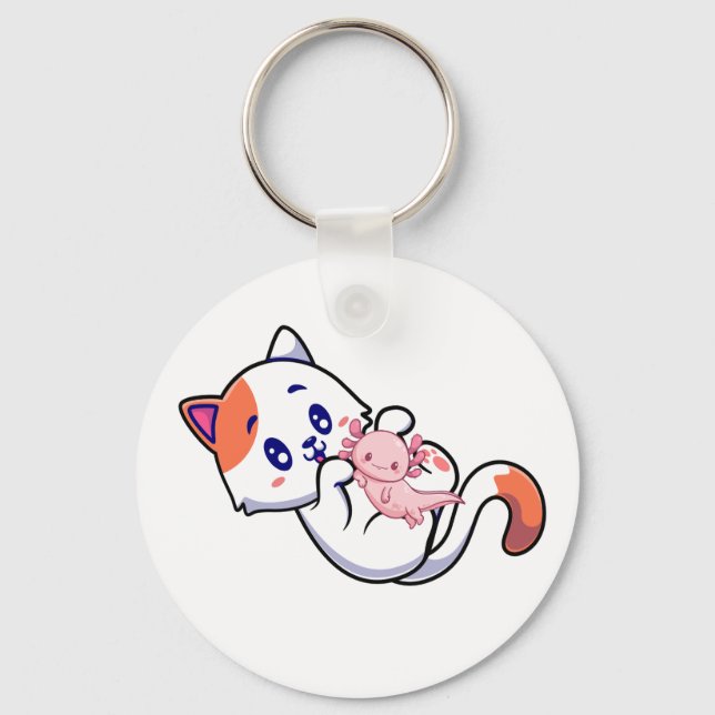 Cat and Axolotl Kawaii Neko Anime Button Keychain (Front)
