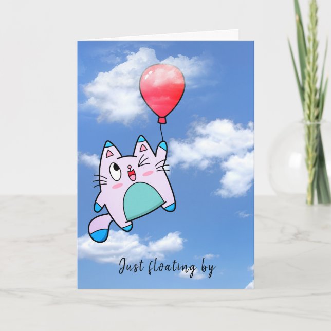Cat And Balloon Hello Card (Front)