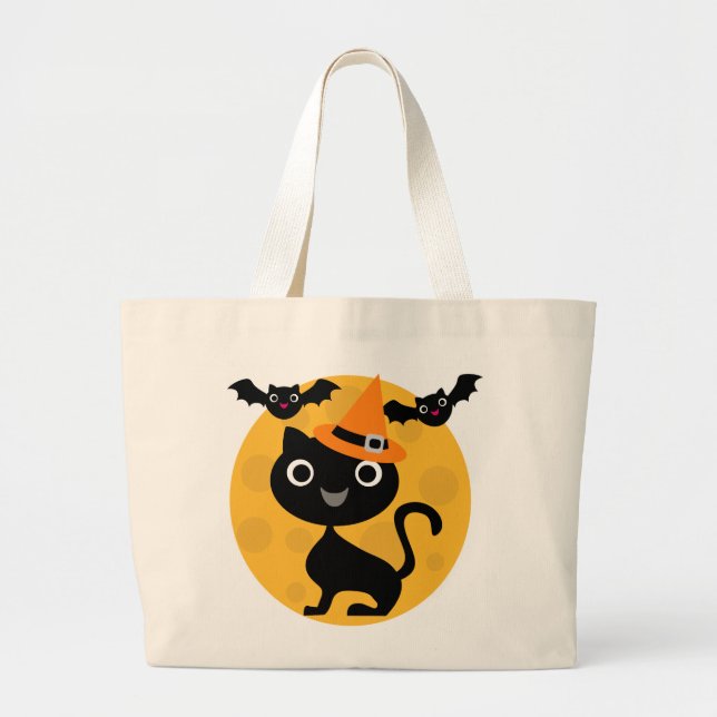 Cat and Bats Halloween T-shirts and Gifts Large Tote Bag (Front)