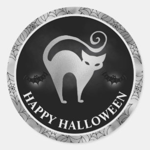 Cat and Bats Silver & Black Happy Halloween Classic Round Sticker
