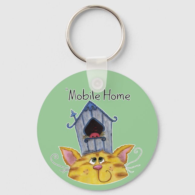 Cat and Bird House Mobile Home Key Ring (Front)