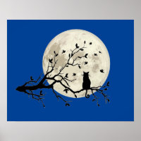Cat and Birds with Tree Silhouette and Full Moon