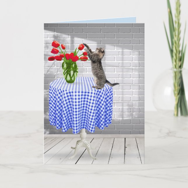 Cat and Birthday Red Tulips on Table Card (Front)