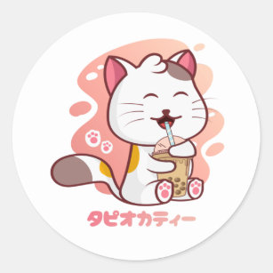Cat And Boba Milk Tea Anime Kawaii Classic Round Sticker