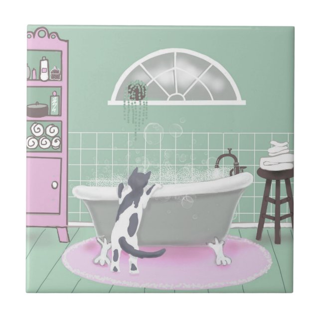 Cat and Bubble Bath Pink Sage Art  Tile (Front)