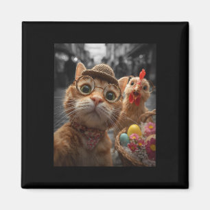 Cat And Chicken Selfie Funny Vintage Easter Eggs Magnet