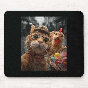 Cat And Chicken Selfie Funny Vintage Easter Eggs _ Mouse Pad