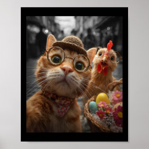 Cat And Chicken Selfie Funny Vintage Easter Eggs Poster