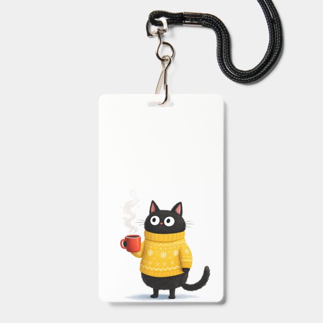 cat and coffee badge ID badge (Front with Lanyard)