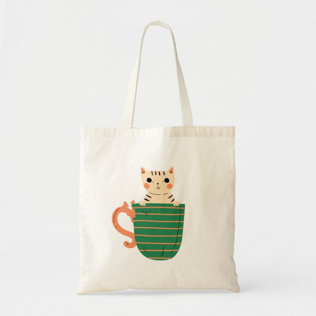 Cat And Cup Pattern Tote Bags (Front)