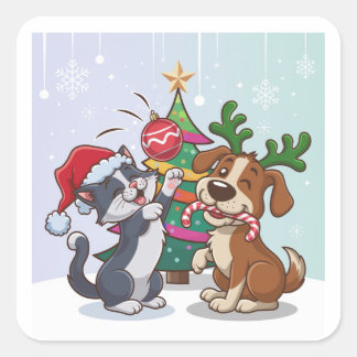 cat and dog are celebrating Christmas’s day Square Sticker