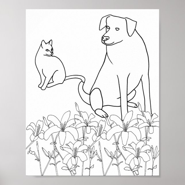 Cat and Dog by Lily Flowers, outline, Posters (Front)