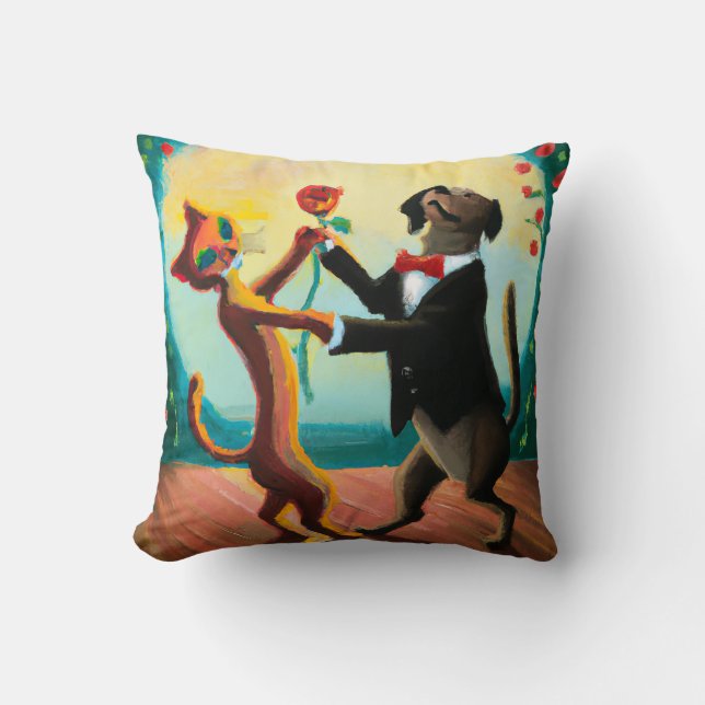 Cat and Dog Dancing Tango in Dance Club, AI Art Cushion (Front)